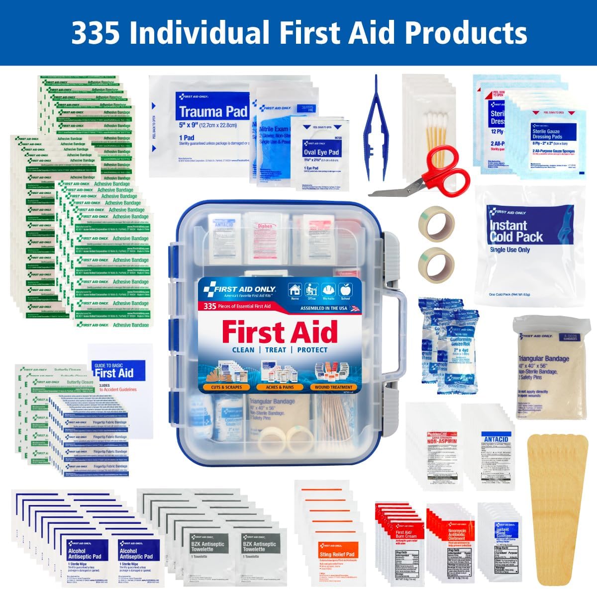 First Aid Only 91247 OSHA-Compliant First Aid Kit, All-Purpose 100-Person Emergency First Aid Kit for Business, Worksite, Home, and Car, 335 Pieces, Multicolored - Image 4