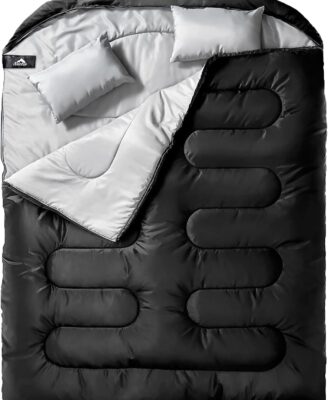 MEREZA Double Sleeping Bag for Adults Mens with Pillow, XL Queen Size Two Person Sleeping Bag for All Season Camping Hiking Backpacking 2 Person Sleeping Bags for Cold Weather & Warm